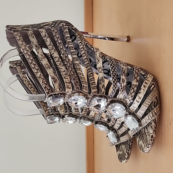 Sam Edelman Snakeskin Bejeweled Needle Heel Strappy Peep Toe Sandals 8M Ab - Picture 2 of 14